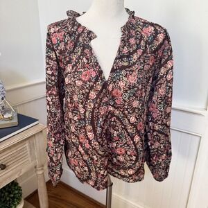 Cleobella Organic Cotton Floral Paisley Ruffle Neck Blouse Brown Pink Medium